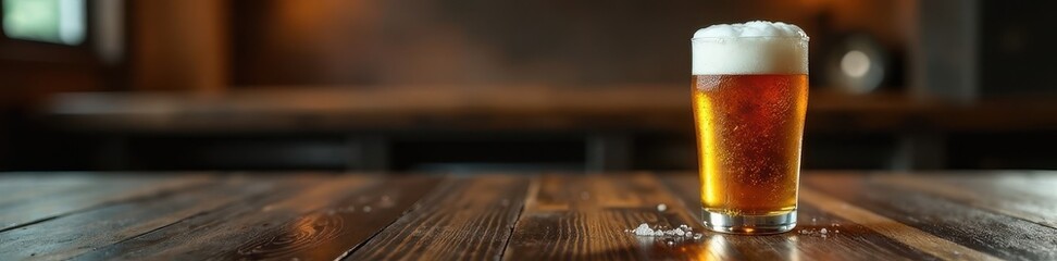 Condensation-covered glass of beer on dark wood table , lager, amber, alcohol