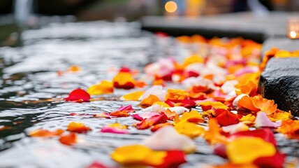 Colorful flower petals floating on water, creating serene ambiance