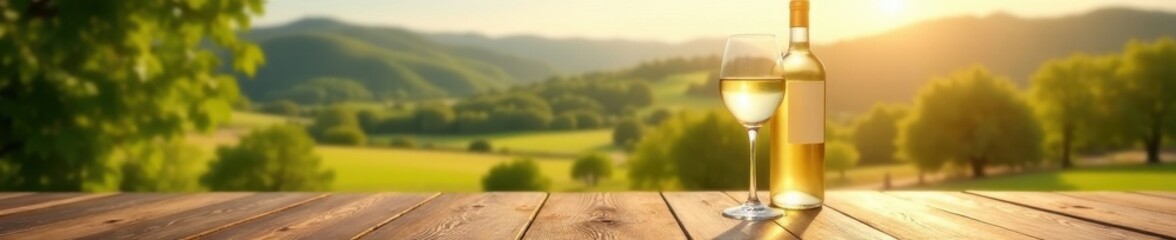 Crisp white wine, sunlit wood table, panoramic view , summer, architecture, leisure
