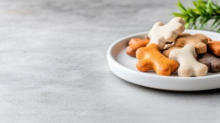 Dog bone-shaped treats on white plate gray tabletop