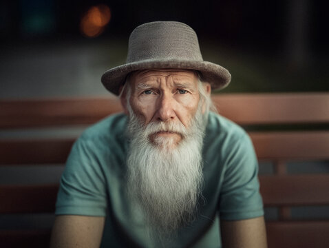 A powerful portrait of an older man with a long beard wearing a hat, embodying wisdom and strength, set against a dimly lit background that enhances his character.