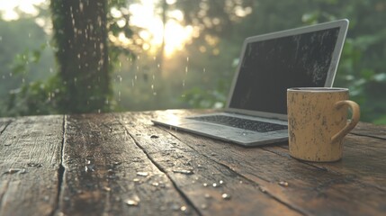 Rainy day work setup laptop and coffee mug on rustic wooden table serene nature environment warm morning light captured from eye level perspective for remote productivity