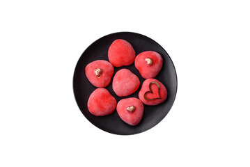 Delicious sweet mochi in the shape of red hearts