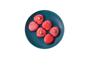 Delicious sweet mochi in the shape of red hearts