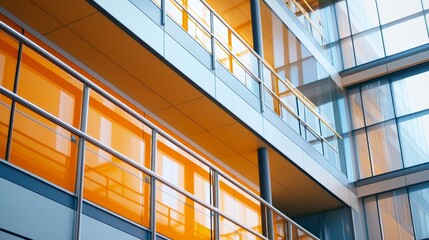 Fototapeta premium Modern architectural design featuring vibrant orange accents on glass building facades