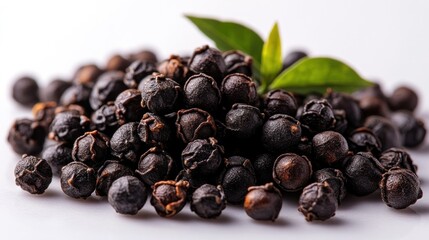 Fototapeta premium Close-up of dark peppercorns with tea leaves on white background