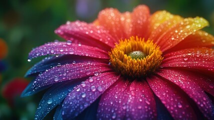 Obraz premium Close-up of a rainbow flower with water droplets in a garden. Possible use greeting cards, backgrounds, wallpaper
