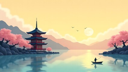 Asian pagoda, tranquil lake, cherry blossoms, beautiful sky, sunset, mountains, small boat, digital illustration, stylized landscape.