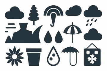 Simple weather icons set with sun, clouds, rain, snow, and storm symbols vector illustration  