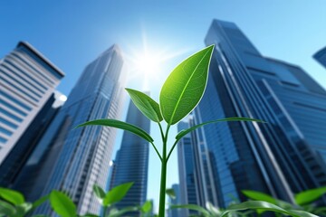 Green innovation and sustainable energy. Green plant emerging among skyscrapers under bright sunlight.