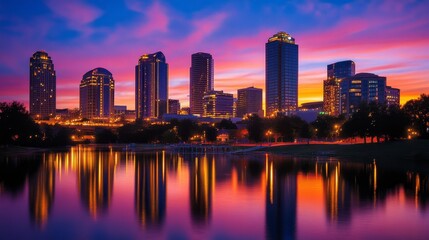 Fototapeta premium City skyline at sunset reflecting on water, with colorful cloud and light illuminating the scene