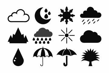 Simple weather icons set with sun, clouds, rain, snow, and storm symbols vector illustration  