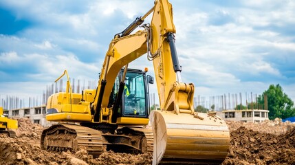 Obraz premium Excavator digging in a construction site under a cloudy sky with buildings in the background