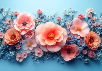 Soft Pink and Delicate Blue Floral Arrangement on Light Blue Background