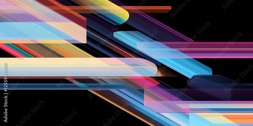 Poster Colorful abstract lines creating dynamic composition on black background