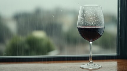 Cozy rainy day reflections with a glass of red wine indoor setting still life warm ambiance close-up view relaxation concept