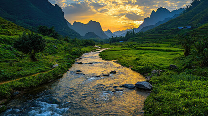 Serene sunset over a winding river, surrounded by lush green hills and distant mountains