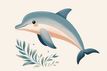 Fototapeta premium Cute dolphin swimming gracefully over seaweed: a cartoon illustration