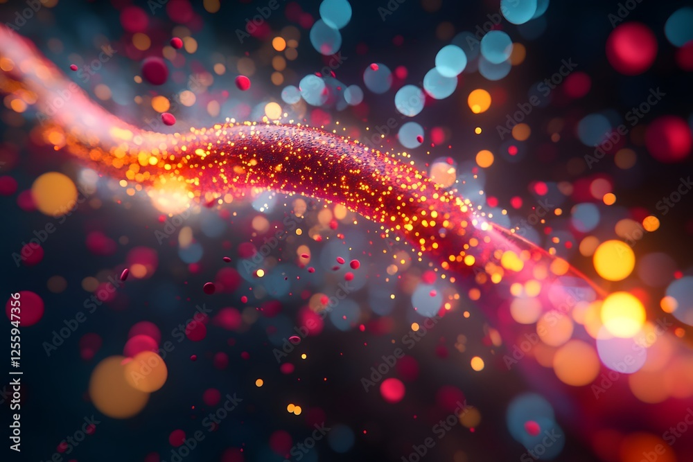 Poster colorful abstract background with glowing particles and bokeh lights