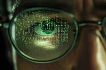 Developer works in a dark room, focusing on code with green data reflected in glasses