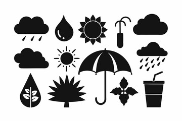 Simple weather icons set with sun, clouds, rain, snow, and storm symbols vector illustration  