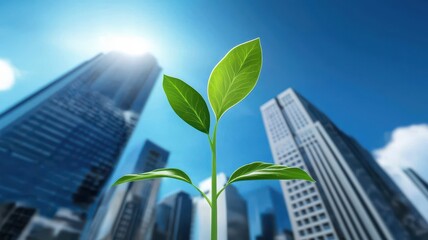 Green innovation and sustainable energy. Green plant emerging amidst urban skyscrapers under bright sunlight.