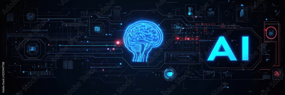 Poster visual representation of artificial intelligence with brain graphics and digital elements