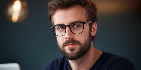 Obraz premium Portrait of confident bearded man wearing glasses in cafe setting