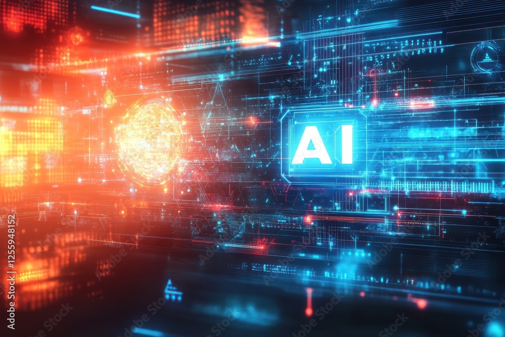 Poster dynamic digital layout showcasing artificial intelligence in a futuristic setting