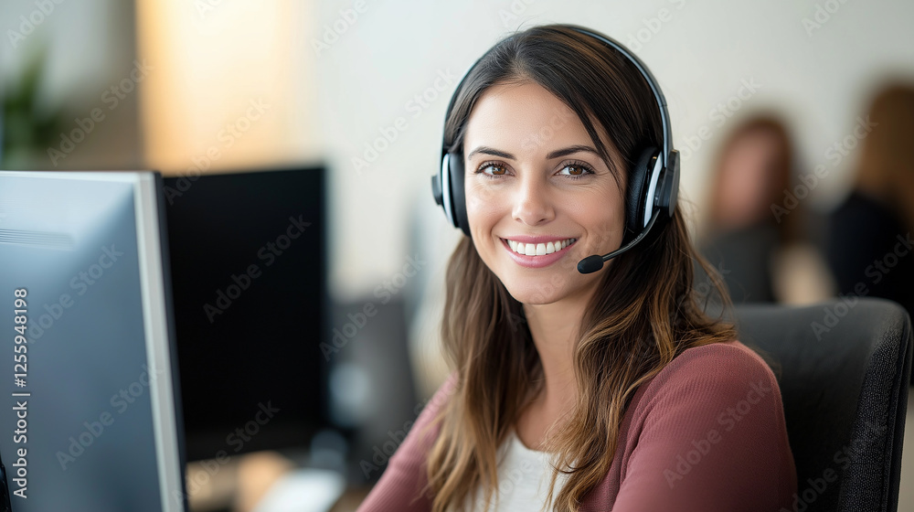 Poster Smiling customer service representative working in a call center