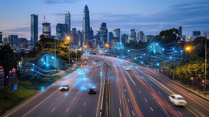 Obraz premium City Night View under the Tech Network