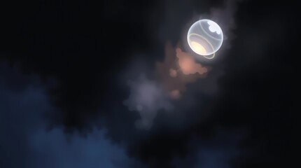 Obraz premium A glowing orb floats in a dark, cloudy night sky, casting a mystical light on the surrounding clouds