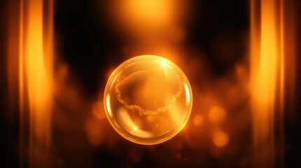 A glowing orange orb suspended in a dark space, surrounded by soft light and bokeh effects