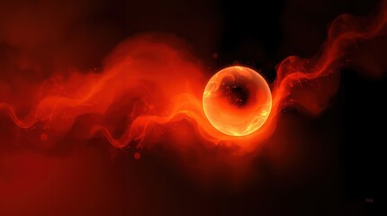 Abstract depiction of a glowing orb surrounded by fiery red swirls against a dark background