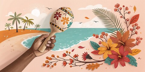 Tropical beach scene with Bahamian maraca for tourism websites, travel blogs, cultural event promotions, Caribbean music festivals, and vacation package advertisements