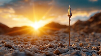 Spearhead in rocky ground at sunset, symbolizing resilience