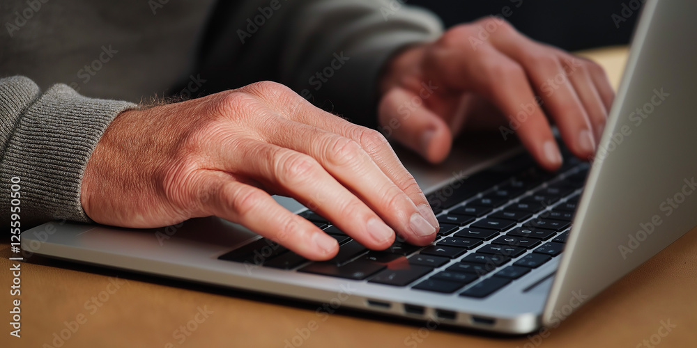 Poster office worker typing on laptop keyboard, working remotely from home office