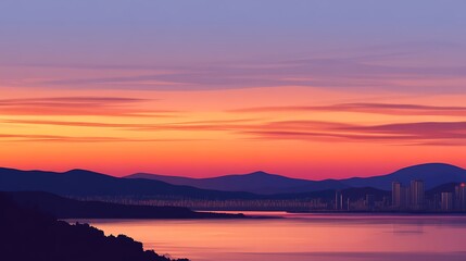 Fototapeta premium Vibrant Sunset Over Coastal Cityscape Mountains