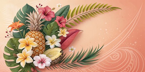 Fototapeta premium Tropical flowers and pineapple arrangement for Bahamas tourism websites, summer event promotions, exotic fruit blogs, floral design inspiration, and travel agency marketing materials