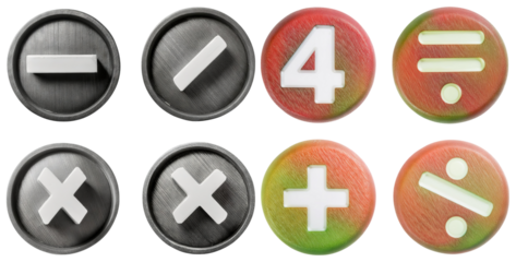 Mathematical Symbols and Operations on Round Buttons Displayed, isolated on transparent background