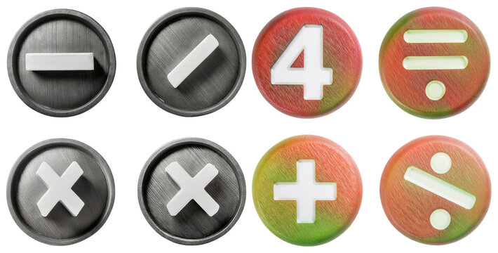 Mathematical Symbols and Operations on Round Buttons Displayed, isolated on transparent background