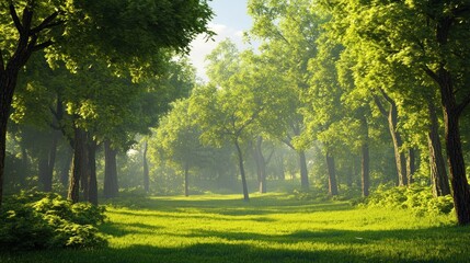 Obraz premium Serene Forest Meadow with Lush Greenery and Sunlight Streaming Through Trees