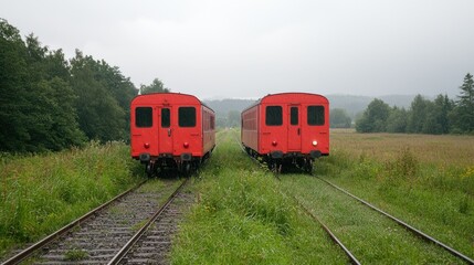 Obraz premium Two red vintage train cars on a rural track in a grassy field. Possible use Stock photo for travel, nature, or transportation
