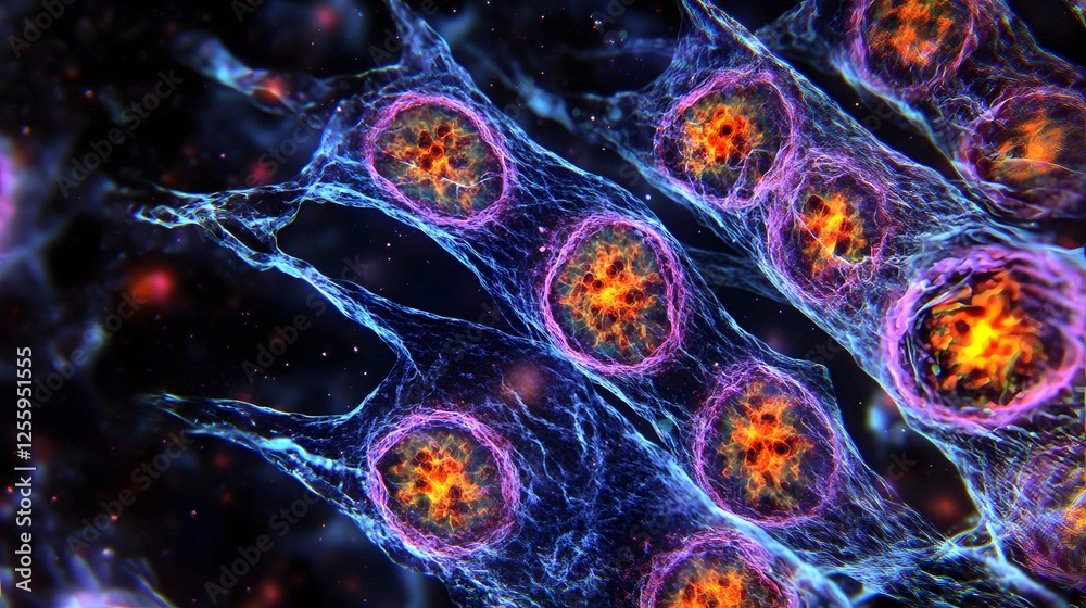 Poster Colorful Abstract Representation of Cellular Structures Under Microscope