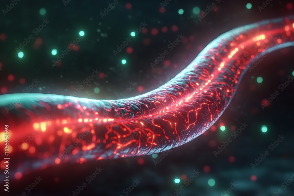 Poster Glowing Red and Blue Abstract String with Illuminated Texture and Lights