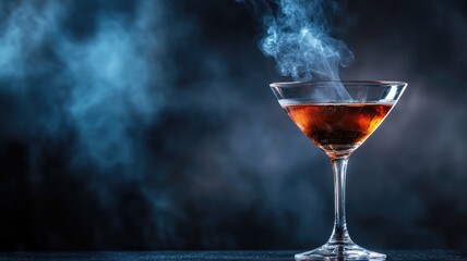Smoking cocktail in glass on dark background