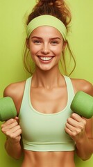 Happy woman exercising with dumbbells, green background, fitness lifestyle