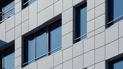 Obraz premium Modern architectural facade featuring sleek windows and geometric patterns in urban setting