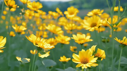 Golden field of blossoming yellow flowers in gentle breeze