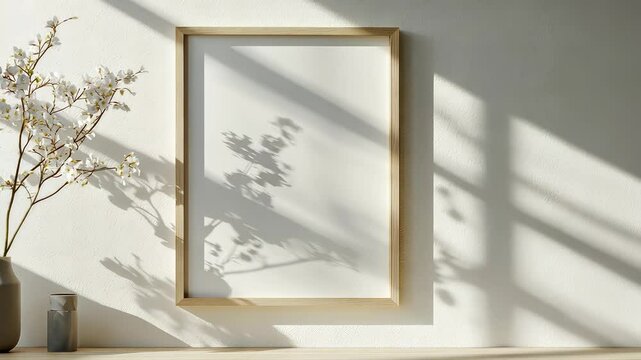 Stylish interior design with empty frame poster mockup, pampas grass in vase, modern decor on shelf and sunlight shadows on white wall Scandinavian style video 4k